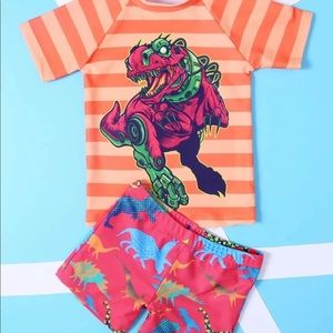 2T boys T. rex dinosaur stripe swim trunk set